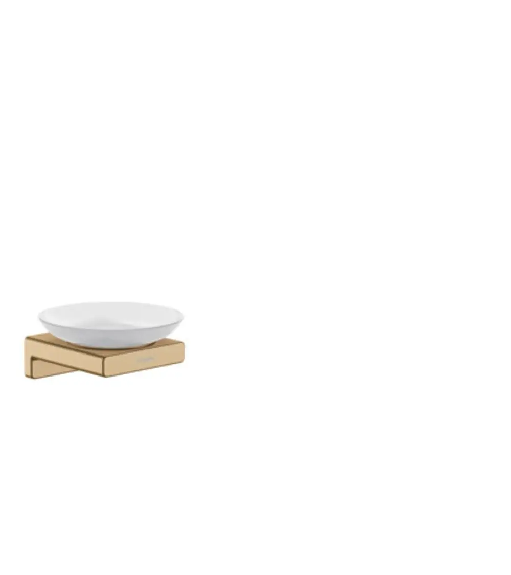Seifenschale in Weiß auf einem goldfarbenen Halter, Design von Hansgrohe. Halter ist minimalistisch und sorgt für einen eleganten Look.